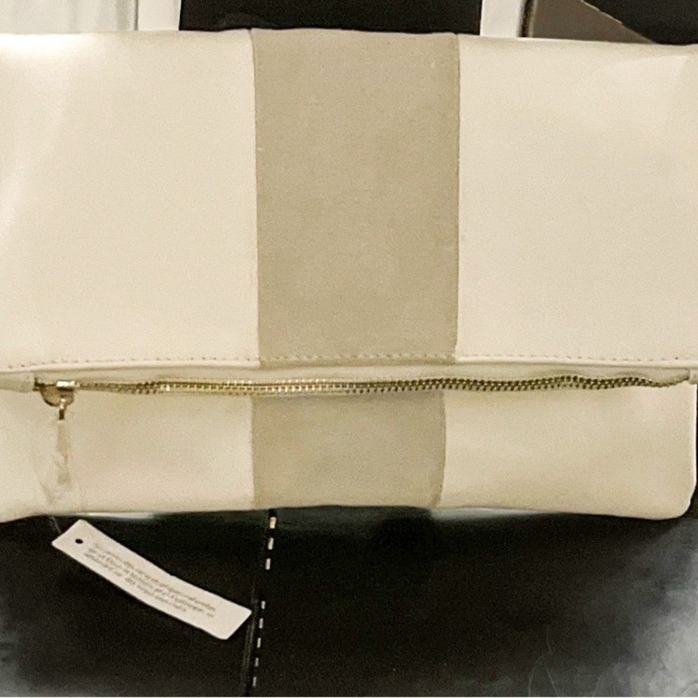 Nordstrom Cream Vegan Leather and Tan Suede Fold Over Clutch